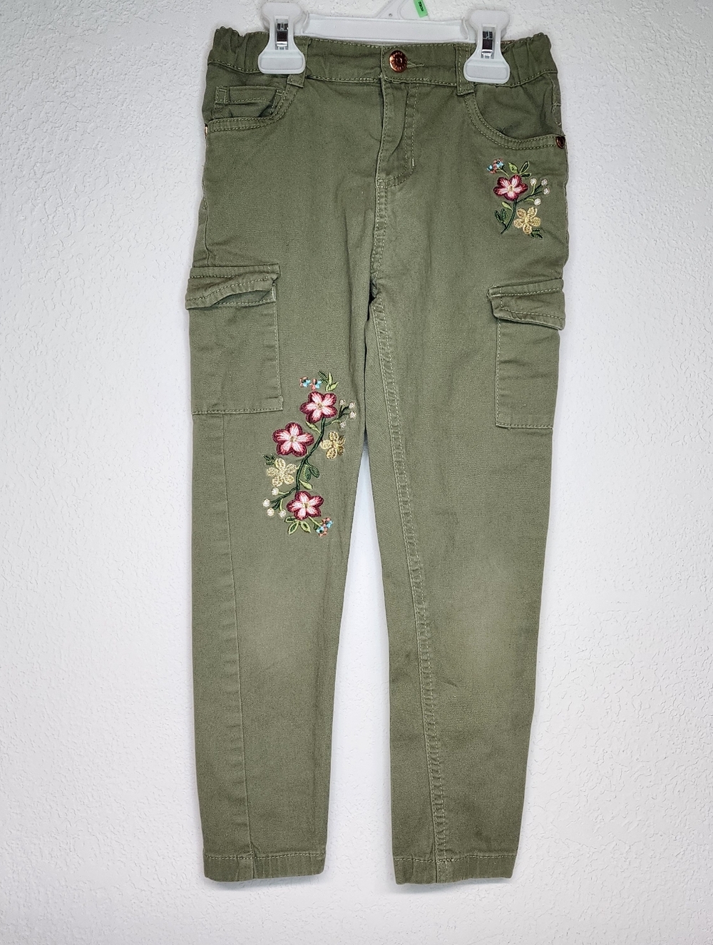 Floral Embroidered Kids Cargo Skinny Pants - Green Fit Like Size 6-7